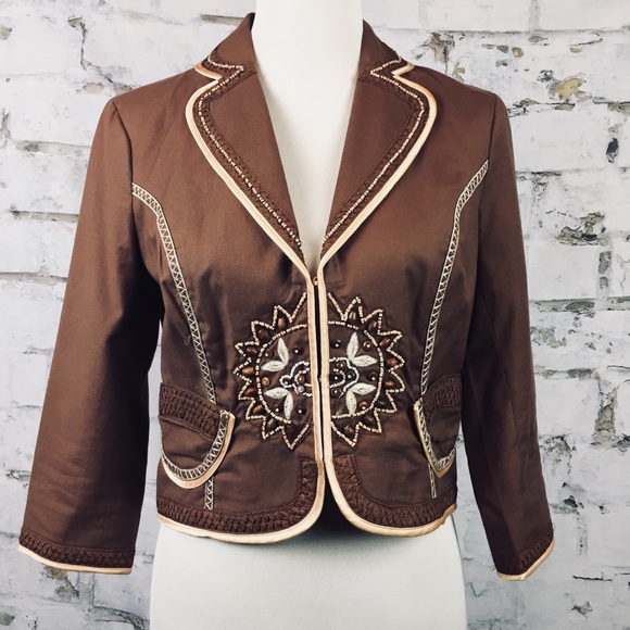 The Limited brown blazer linen satin piping beaded - Picture 1 of 8